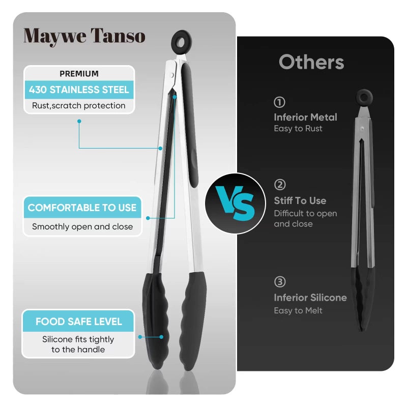 Maywe Tanso 600? Heat Resistant Kitchen Tongs for Cooking with Silicone Tips Maywe Tanso 12-Inch Stainless Steel Locking Cooking Tongs Food Tongs for BBQ Cooking Salad and Serving Food Heavy Duty Non-Stick Black - Image 5